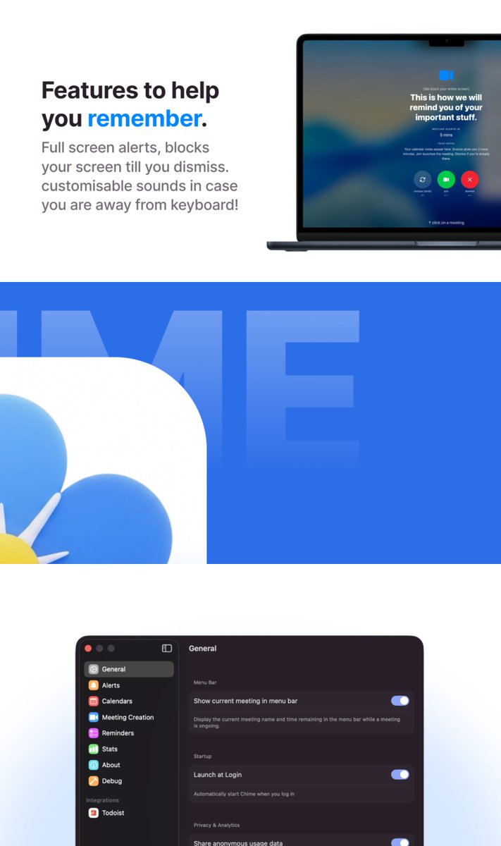 uxderrick's tweet image. 🚨 We just launched Chime on Product Hunt! 🚨

Built so you do not forget your important commitments: 
- Full-screen alerts that are IMPOSSIBLE to ignore. 
- Unifies All Your Calendars + Apple Reminders + Todoist Tasks. 
- Auto-detects 30+ video platforms. 
- One-click join.…