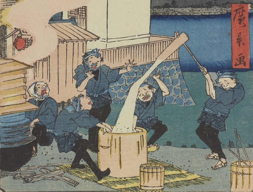 ukiyoeota's tweet image. 伸び～るお餅。江戸時代には年末になると餅つきを仕事とする男たちがいました。４～５人の男たちが杵や臼を持ち歩き、注文を受けて家の前で餅をついてまわったそうです。原宿の太田記念美術館で開催中の「歌川広景　お笑い江戸名所」展にて12/14まで展示しています。