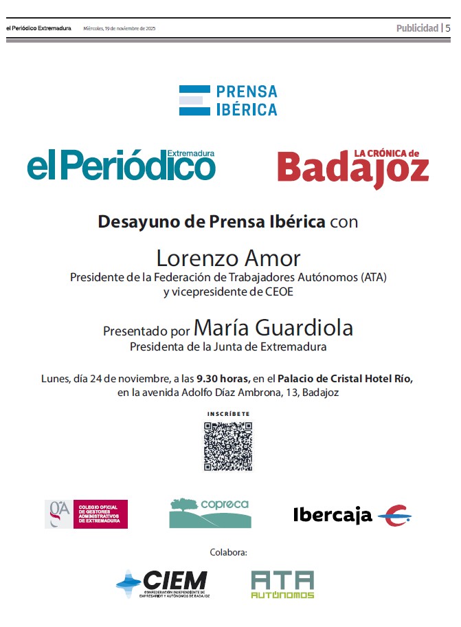 ExtremaduraGa's tweet photo. El Colegio (@ExtremaduraGa) colabora en el Desayuno organizado por Prensa Ibérica, junto a @lorenzoamor_ata y @MGuardiolaM. Este encuentro se celebrará el próximo 24 de noviembre de 2025 en Badajoz. Si quieres asistir escanea el código QR que aparece en pantalla. ⬇️ https://t.co/ZiS50Qgs2I