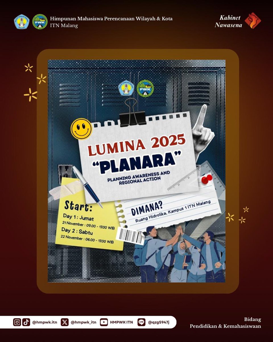 [ ✨LUMINA 2025 : PLANARA🔗 ]

LUMINA menjadi gerbang awal pembentukan perencana muda HMPWK ITN Malang. Dengan semangat PLANARA, kegiatan ini menanamkan jiwa pemimpin responsif dan siap bergerak. 🏗️🌍✨

HMPWK ITN MALANG
2025/2026
BRAVO PLANOLOGI 💪🏻‼️

#KabinetNawasena