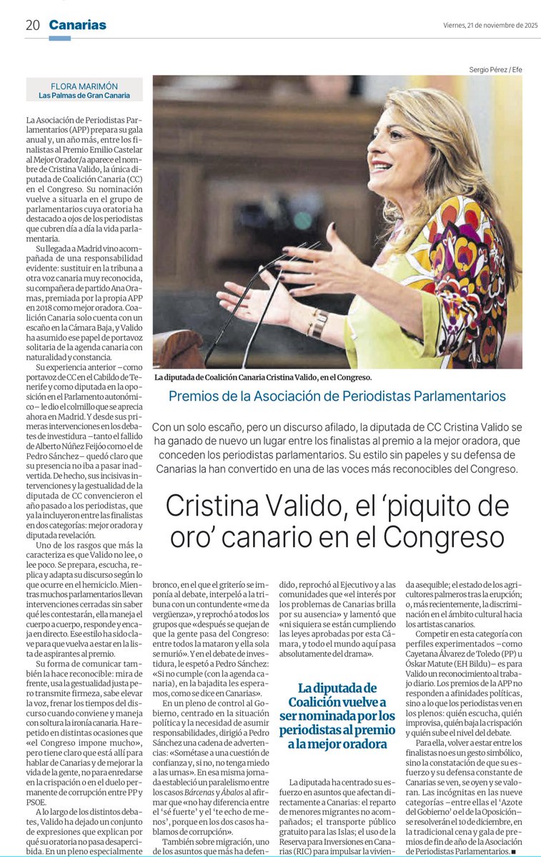 jadestebanez's tweet photo. Puede parecer una nimiedad o un acto de vanidad. No lo es: se trata del reconocimiento a la brillantez, al tesón, a la cabeza y el corazón al servicio de su Tierra, a un modo de hacer sin crispación y con razón. @CristinaValido, candidata al Premio Castelar. ¡Qué orgullo! 🇮🇨 https://t.co/U6neXCRj9f
