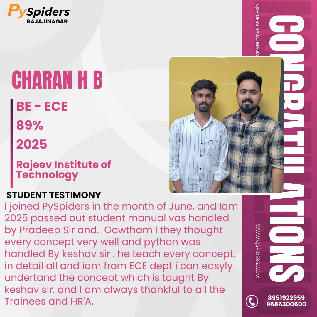 QRajajinagar's tweet image. Another Star Achiever from PySpiders Rajajinagar! 🌟
Charan H B (ECE – 89%, 2025) has successfully completed his training
#PySpidersRajajinagar #QSpiders #PySpiders #StudentSuccess #Placement #CareerLaunch #EngineeringLife #Testimonial #ECEStudents #PythonTraining #ManualTesting