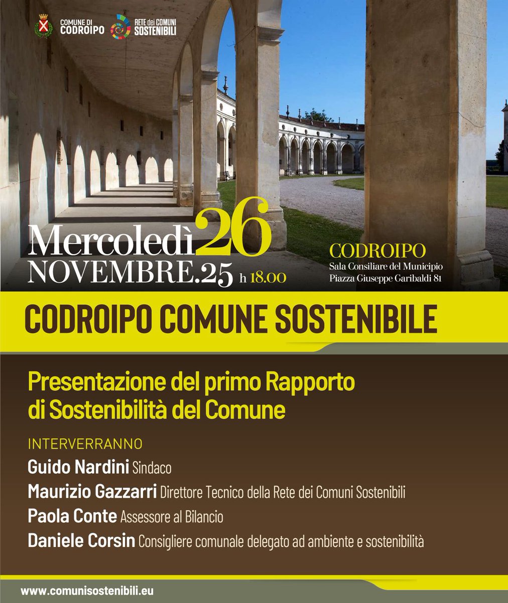 Presentazione del Rapporto di sostenibilità del Comune di Codroipo: Mercoledì 26 novembre, alle ore 18, presso la Sala Consiliare del Municipio, in piazza Garibaldi, sarà presentato il primo report realizzato dall’Ente in collaborazione con la Rete dei Comuni Sostenibili.