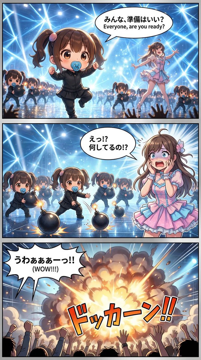 構図：3つのフレームに分割された「高精細ストーリーアート」。 背景はフルカラーの背景美術品質。 キャラクターは高密... - Example 3