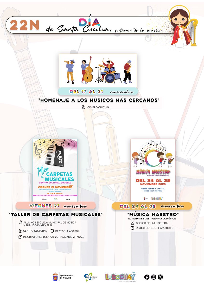 🎶 El Centro Cultural finaliza hoy la programación en honor a Santa Cecilia, patrona de los músicos, con el Taller de Carpetas Musicales, impartido por el profesor de la Escuela, Matías Cañizal y el Centro Cultural.

#SantaCecilia #Música #CentroCulturaGuijuelo
