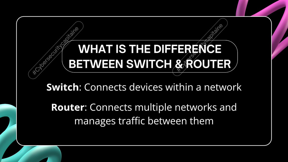 Amaji91's tweet image. Switch vs Router

A Switch connects devices within the same local network. Think of it as helping your computer, printer, and scanner in the office talk to each other.

#TechMadeSimple #Networking101 #MopelMedia #Cybersecuritycapitaine #IT #Tech #SwitchVsRouter