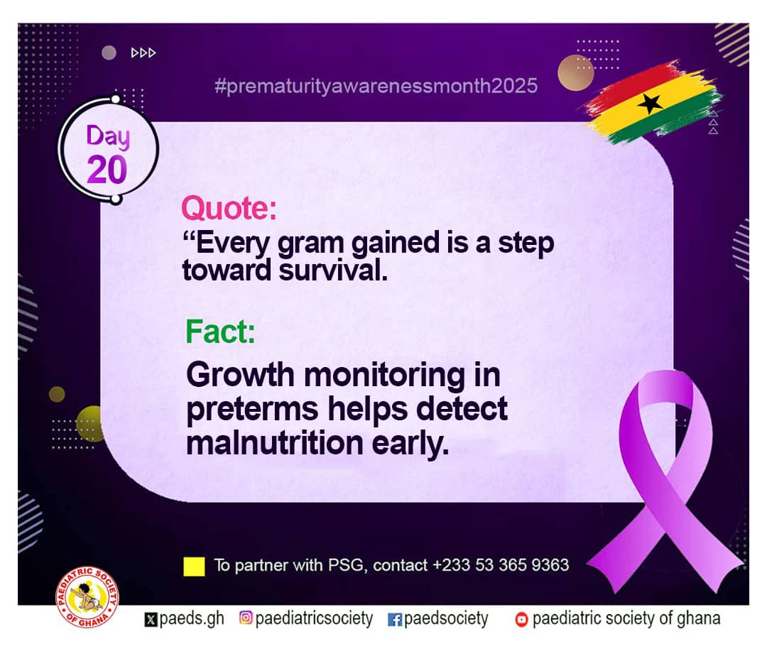 paedsociety_gh's tweet image. Prematurity Awareness Month - Day 20

Every gram gained is a step toward survival.

#EquitableCare 💜
#prematurity💜
#prematurityawarenessmonth💜
#childhealth💜
#ChildHealthMatters💜
#purplemonth💜