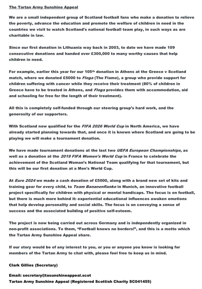 TASA1999's tweet image. Release from The Tartan Army Sunshine Appeal with regards to the @FIFAWorldCup 

Please take a moment to read and retweets are most appreciated to spread the word ❤️

🏴󠁧󠁢󠁳󠁣󠁴󠁿🇨🇦🇺🇸🇲🇽
