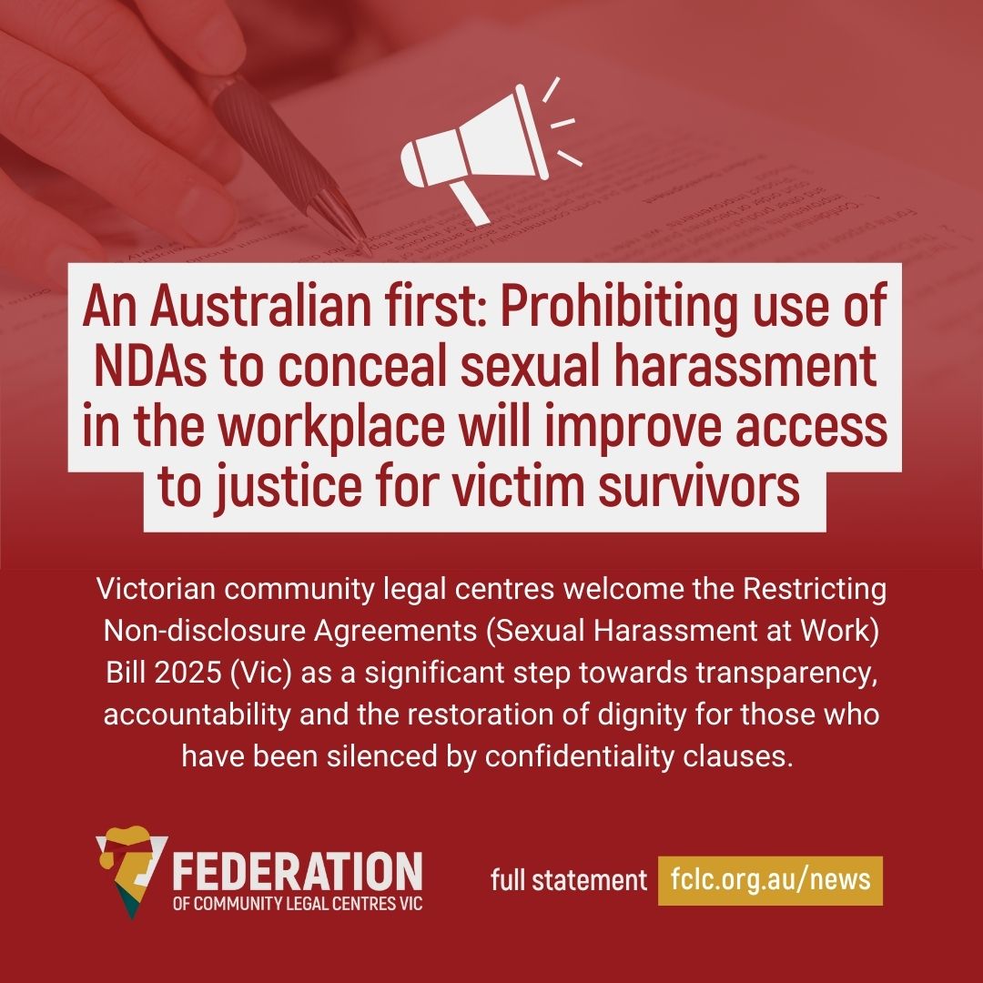 CommunityLawVic's tweet image. An Australian first: The @VicGovAu has passed the Restricting Non-disclosure Agreements (Sexual Harassment at Work) Bill 2025. A significant step towards transparency, accountability and the restoration of dignity for those who have been silenced by confidentiality clauses.