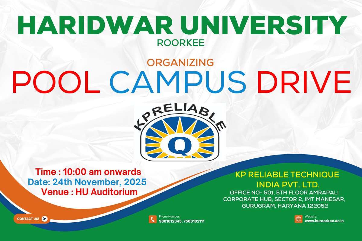 HURoorkee's tweet photo. Haridwar University, Roorkee is pleased to announce a Pool Campus Drive in collaboration with KP Reliable Technique India Pvt. Ltd.
#HaridwarUniversity #PoolCampusDrive #KPReliableTechnique
#HUPlacements #CareerOpportunities #StudentCareers #PlacementDrive2025 https://t.co/62SYHuoTTM