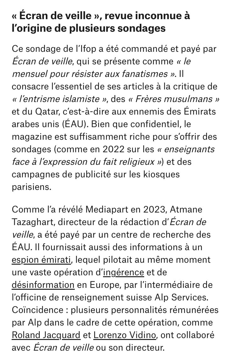 edwyplenel's tweet image. Musulmans de France : les failles d’un sondage choc. @Mediapart recense les approximations et raccourcis du sondage de l’@IfopOpinion. Dont les commanditaires accompagnent la stratégie d’influence des Émirats arabes unis. ⤵️
👉 mediapart.fr/journal/france…