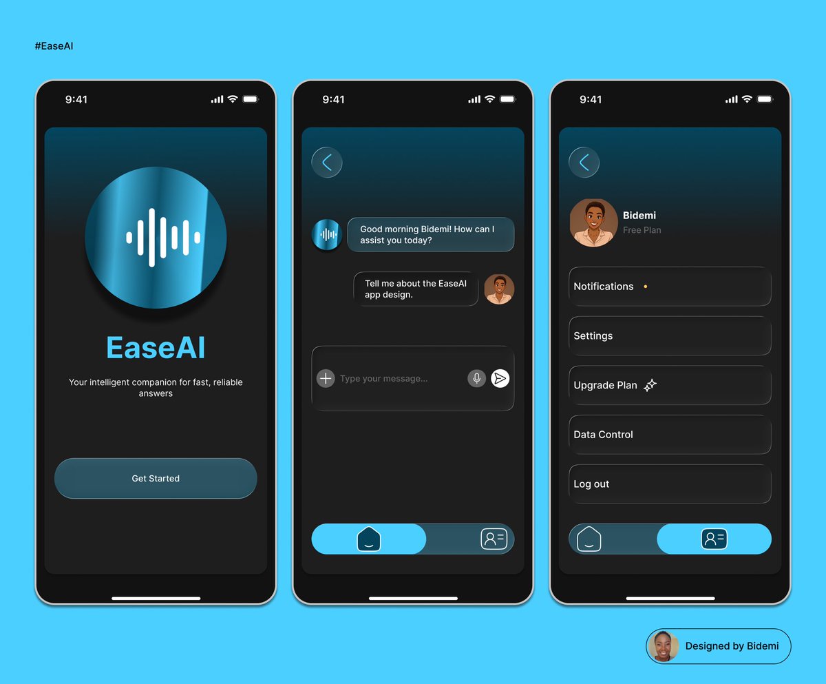 Bimdyna's tweet photo. This week, I took on the task of designing a mobile AI assistant app called #EaseAI.

The design showcases a Welcome, Chat and Profile Screen with clean dark-mode interface with bold accents, smooth layouts, and a modern conversational flow.

#EaseAI #UIUXDesign #DesignChallenge https://t.co/JfLswDXmQ8