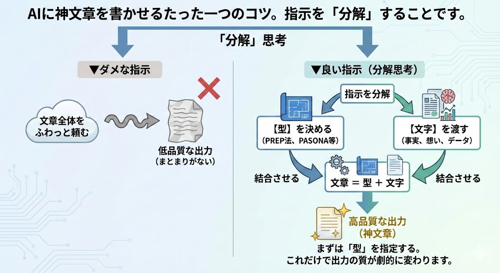 unixi_ai's tweet image. AIに神記事を書かせるたった一つのコツ。

指示を「分解」することです。

ダメな指示は文章全体をふわっと頼む。
良い指示は【型】と【文字】を渡して、結合してもらう。

文章は型＋文字でできあがっていることを知らないといけない。…