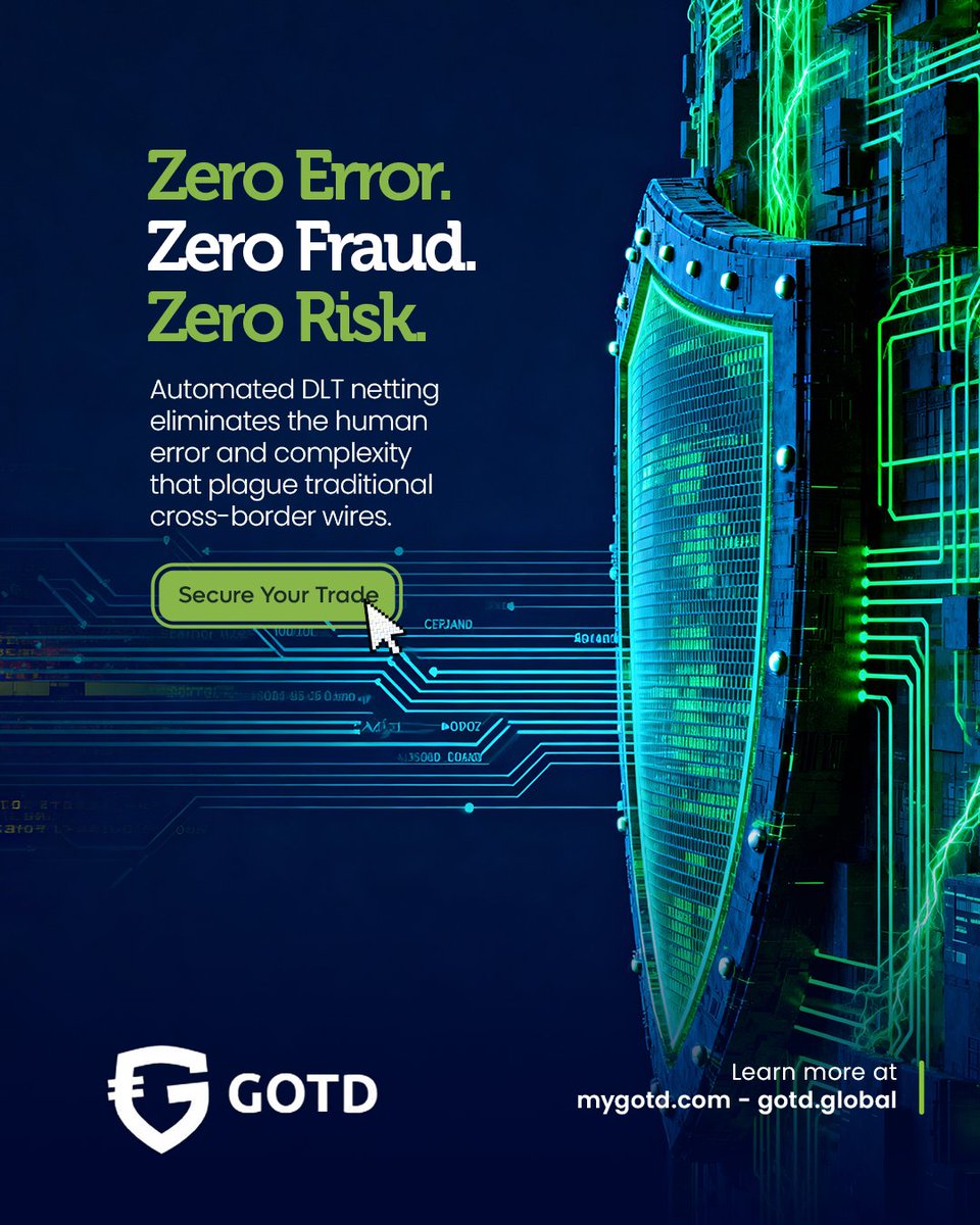 gotd_global's tweet photo. Redefining Global Finance. This is the future, delivered now. 🌐

We eliminate traditional intermediaries to provide instant, risk-free netting powered by DLT. Our solution ensures that value flows where it’s needed most, without the archaic barriers of the legacy system.

Join the Revolution to transform the $40 Trillion market and anchor your success in real economic utility.

Explore Our Vision for a truly connected financial world.

#globalfinance #dltvision #thefutureisnow #jointherevolution