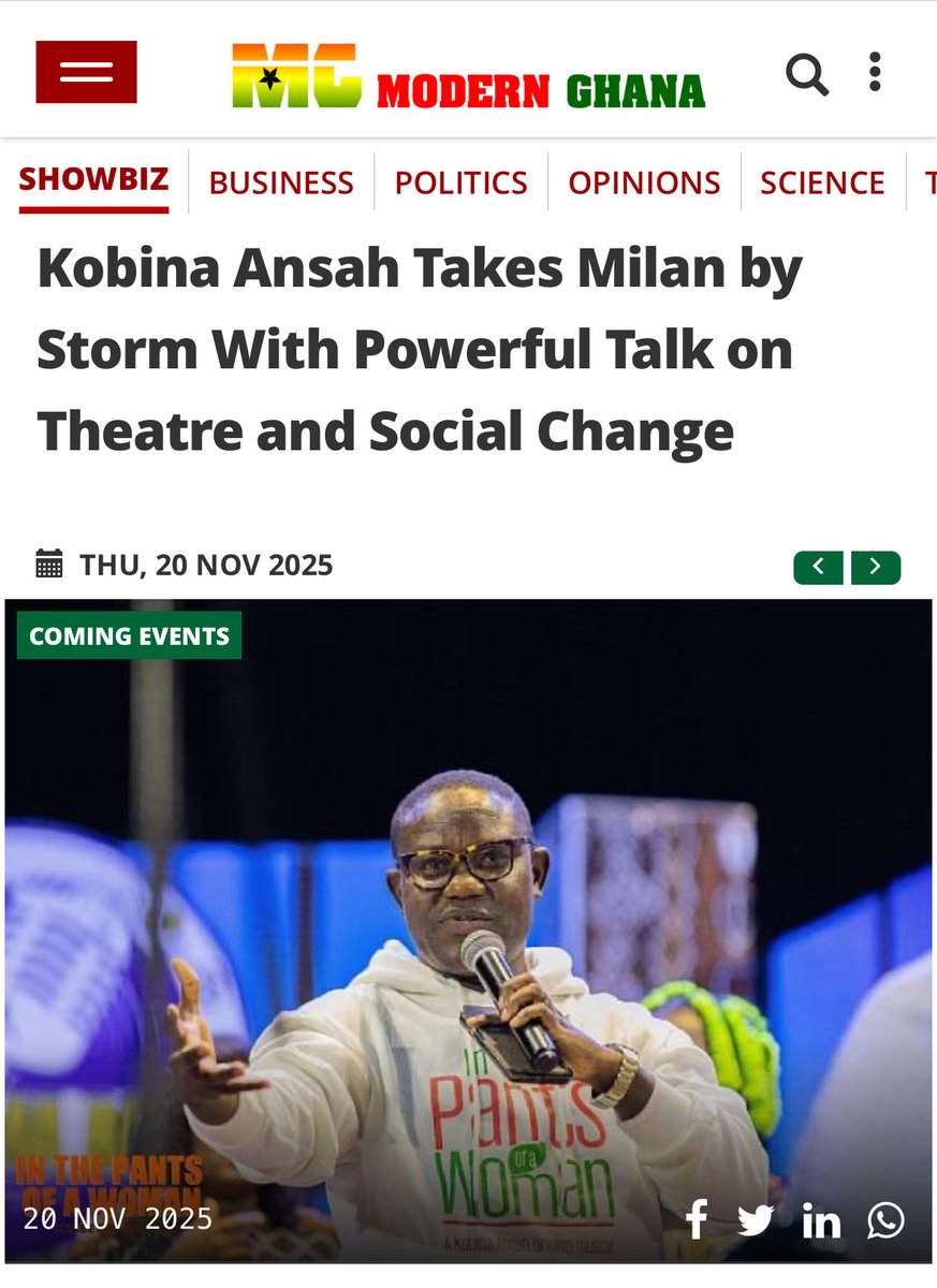 “On Tuesday, 25th November 2025, Kobina Ansah will deliver a widely anticipated talk titled “Beyond the Curtain: Theatre as a Catalyst for Social Transformation” at the prestigious Casa di Quartiere Garibaldi in Milan, Italy.”

modernghana.com/entertainment/…