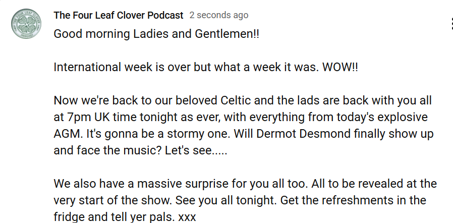 Do not miss this tonight. Oaft!!

<a href="/PaddyBhoy1965/">Hoopybhoy 🇮🇪🇵🇸</a> 
<a href="/ronshan7/">gerrymcmillan</a> 
<a href="/KeiserCFC/">KeiserCFC</a> 

#Celtic #AGM