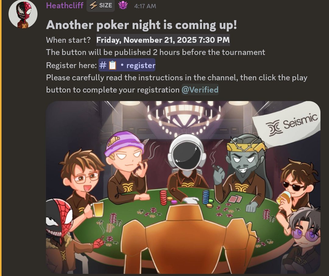 0xNecro_'s tweet photo. Update: Seismic poker night is happening today get  ready to join. 

Date: 21 November 
Time: 7:30 PM

You need to register before and and read the instructions once. The button will be published two hours before. 

@SeismicSys https://t.co/TRX5Leom19