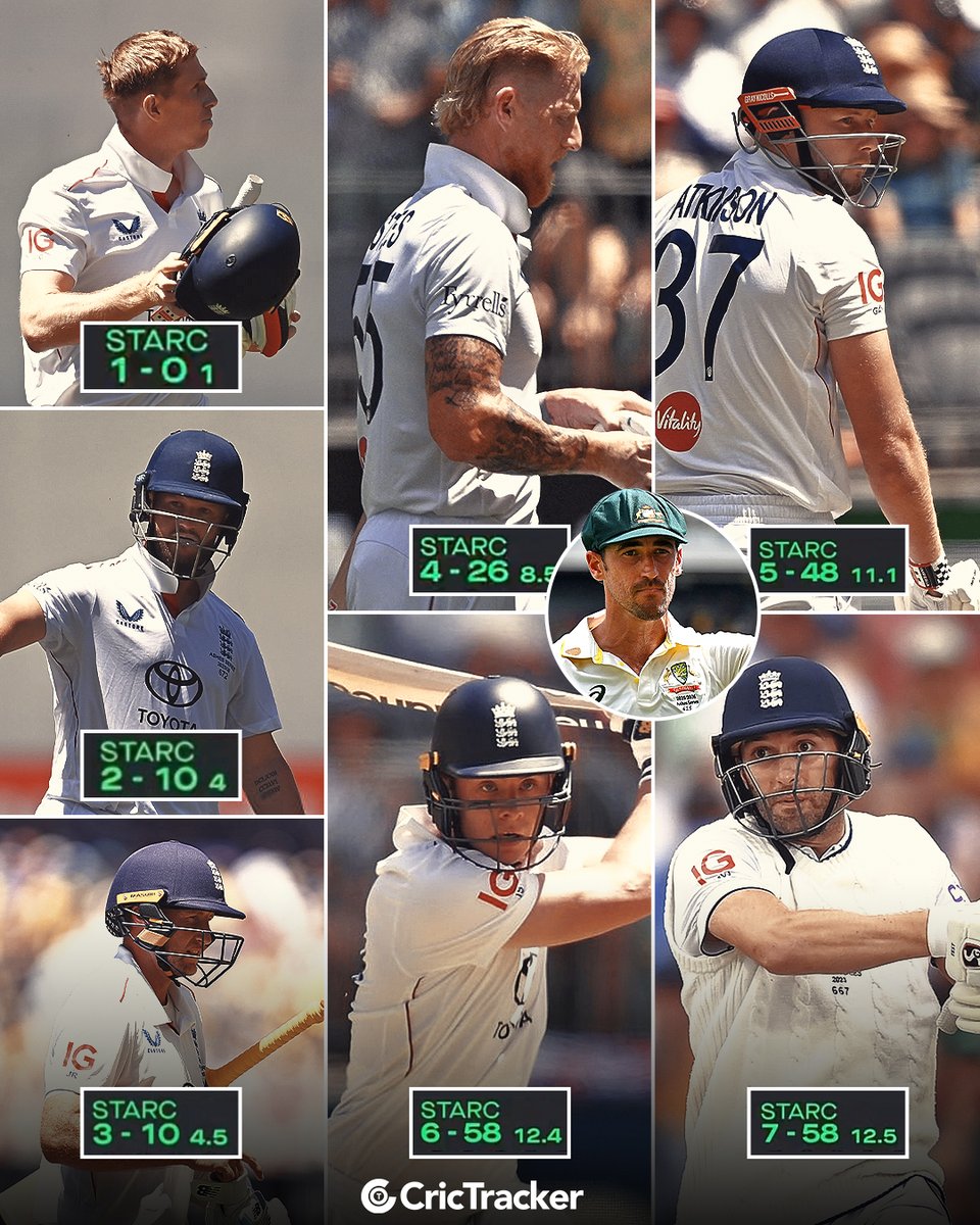 Cricketracker's tweet image. A glimpse into Mitchell Starc’s demolition of England’s batting lineup during his career-best Test spell. 

#MitchellStarc #Cricket #AUSvsENG