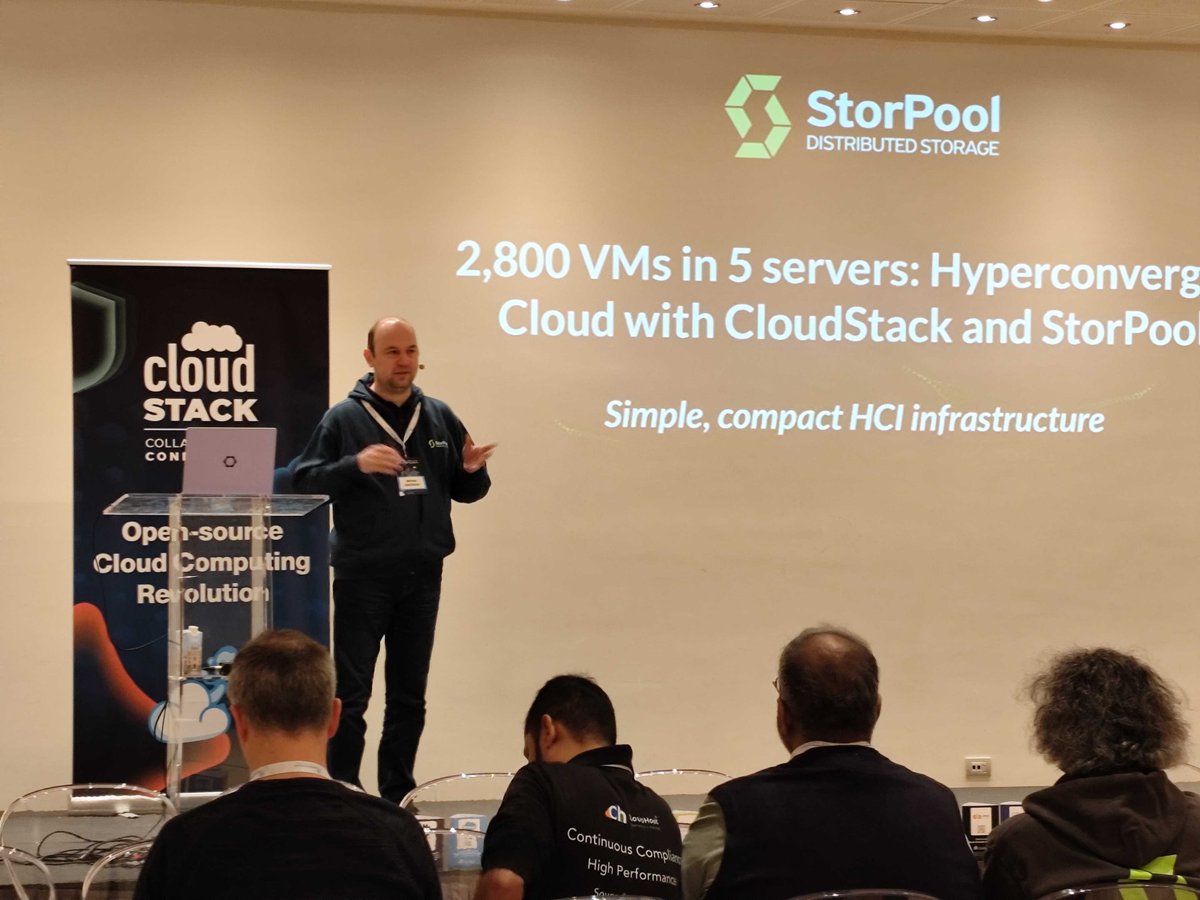 CloudStack's tweet image. Up next in the Venere Room: Boyan Krosnov from @StorPool on running 2800 VMs on just 5 servers. A deep dive into hyperconverged #CloudStack plus StorPool, showing how a full cloud can run on a minimal footprint with high performance and far less complexity.