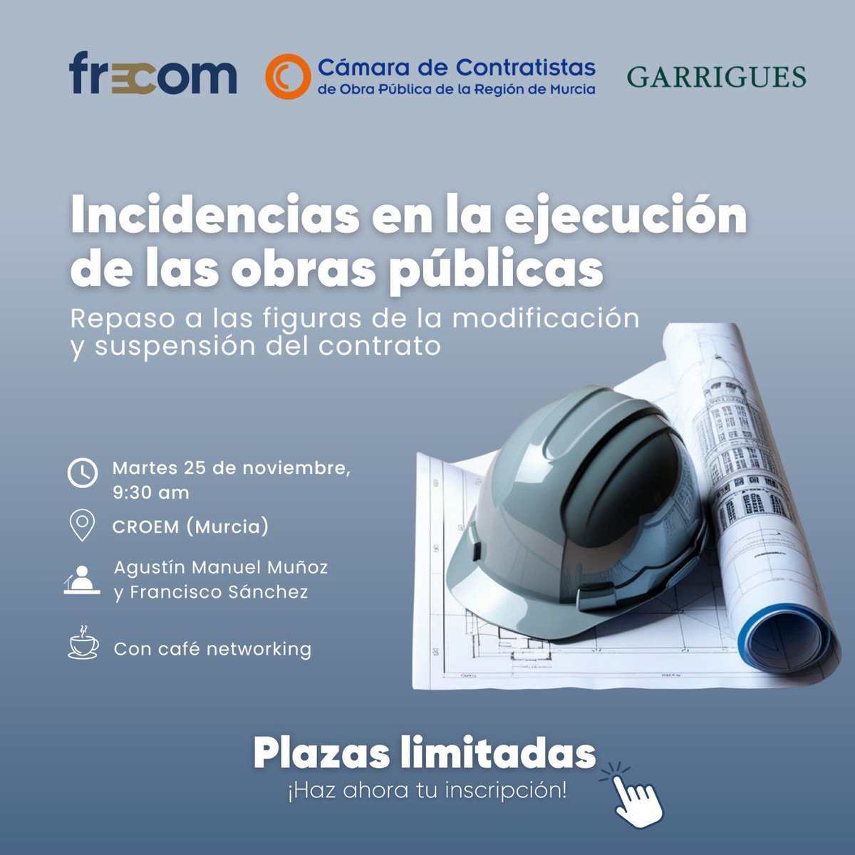 “Principales incidencias en la ejecución de contratos públicos de obras”. Jornada técnica dirigida a empresas contratistas y técnicos interesados en profundizar en los aspectos jurídicos y administrativos que condicionan la ejecución de obra pública. 

info.frecom.com/incidencias-ob…