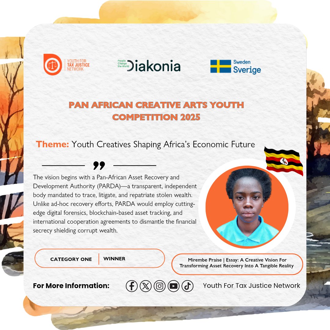 We are excited to share these winners!🎊
The winner from Category One is; Mirembe Praise, from Uganda with a submission titled,  “A CREATIVE VISION FOR  TRANSFORMING ASSET RECOVERY INTO A TANGIBLE REALITY.”

We celebrate you a true Economic Justice Champion 🏆🎉