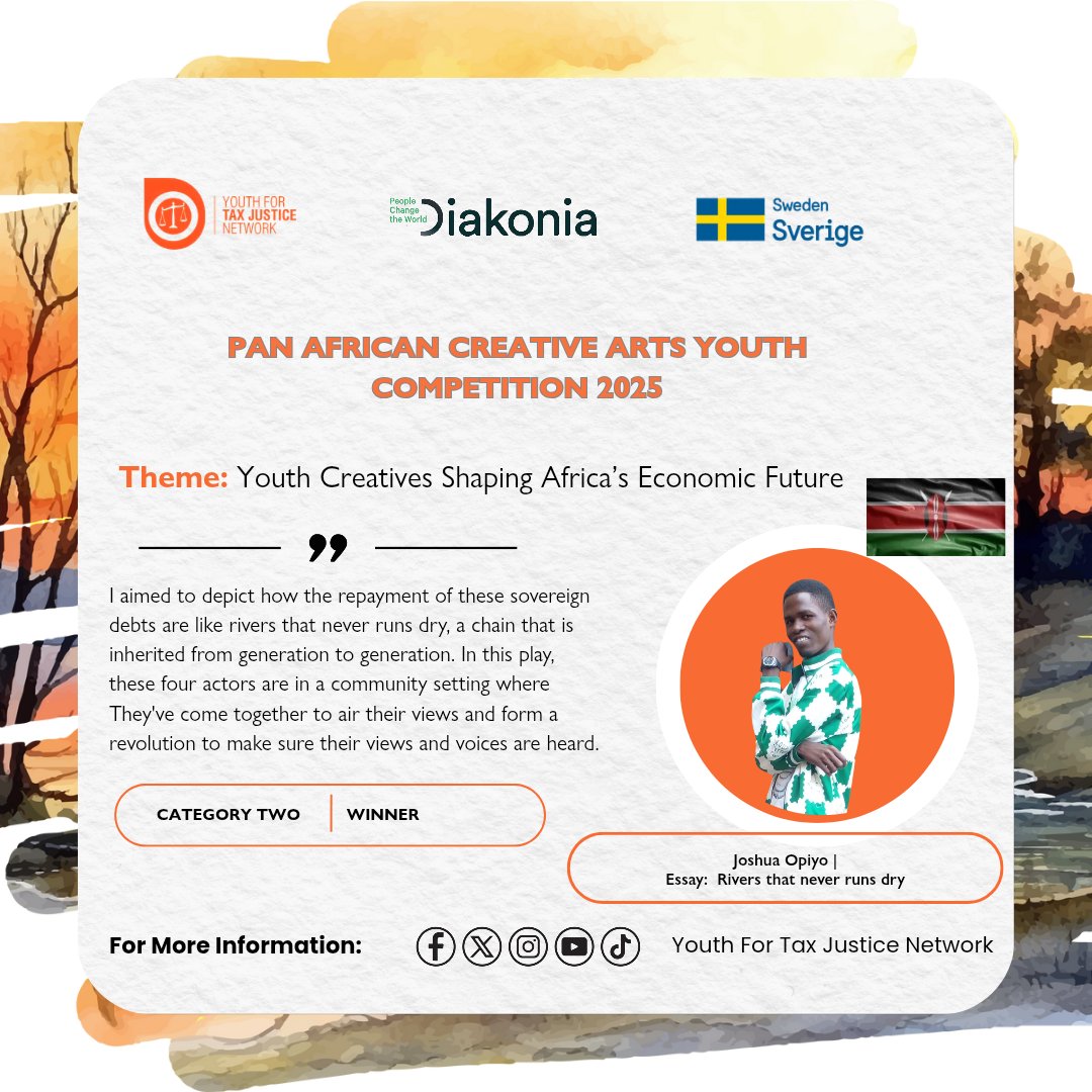 The winner from Category two is; Joshua Opiyo, from Kenya with a submission titled, “ Rivers Never Run Dry.”

We celebrate you a true Economic Justice Champion!🏆🎉