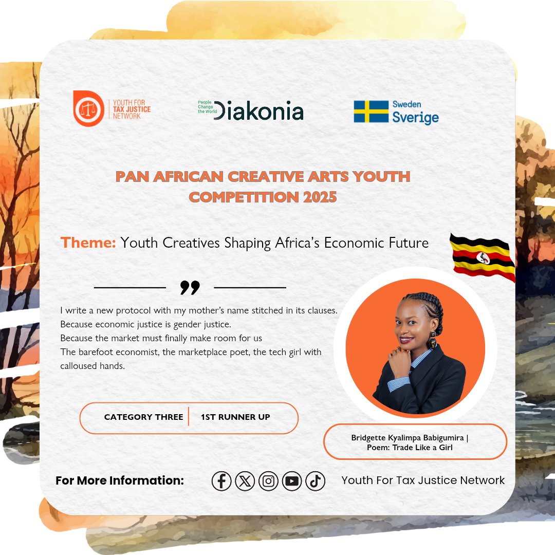 The first runner up in Category three, from Uganda, Kyalimpa Bridget Babigumira, with a submission titled, “Trade Like A Girl.”

We celebrate you a true Economic Justice Champion 🏆🎉