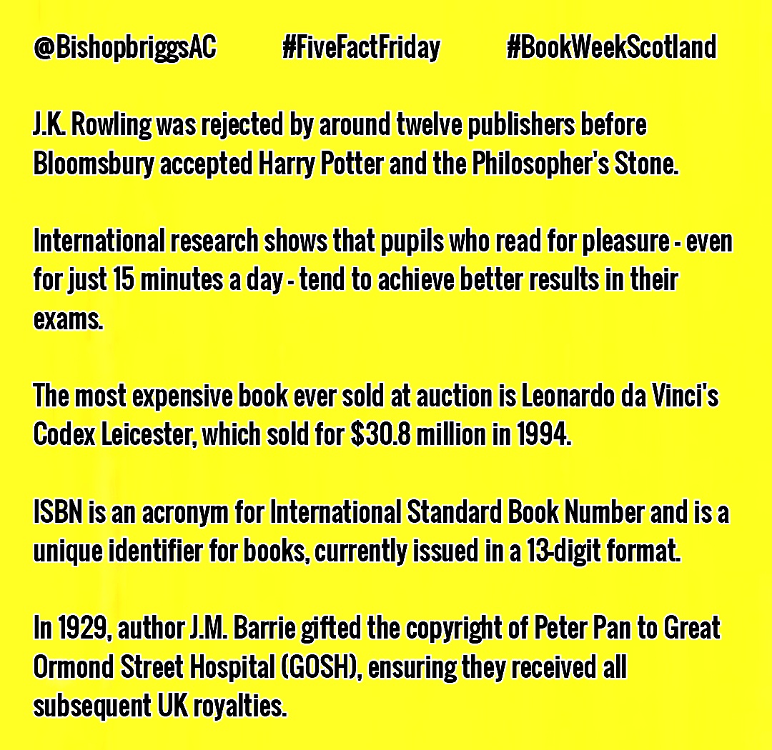 BishyLibrary's tweet image. Thank you to @MrGilmour for this special #BookWeekScotland edition of #FiveFactFriday!  Happy Friday and Happy Reading!📚❤️😊#BookWeekScot 
#FiveFactFriday #Friday #FridayMotivation #FridayFeeling #FridayVibes #Education #readmorebooks @scottishbktrust @jk_rowling @BishopbriggsAC