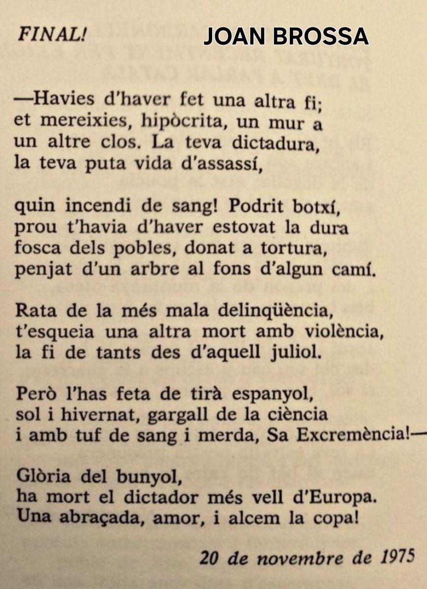 "t'esqueia una altra mort amb violència"...
#20N
Una 'PlataJunta' va sotmetre al PSOE, PCE  CCOO i UGT, als poders dels cacics financers, industrials, terratinents, i la burocràcia franquista estatal coronada monàrquica.
L'ebullició revolucionària republicana la van diluir.