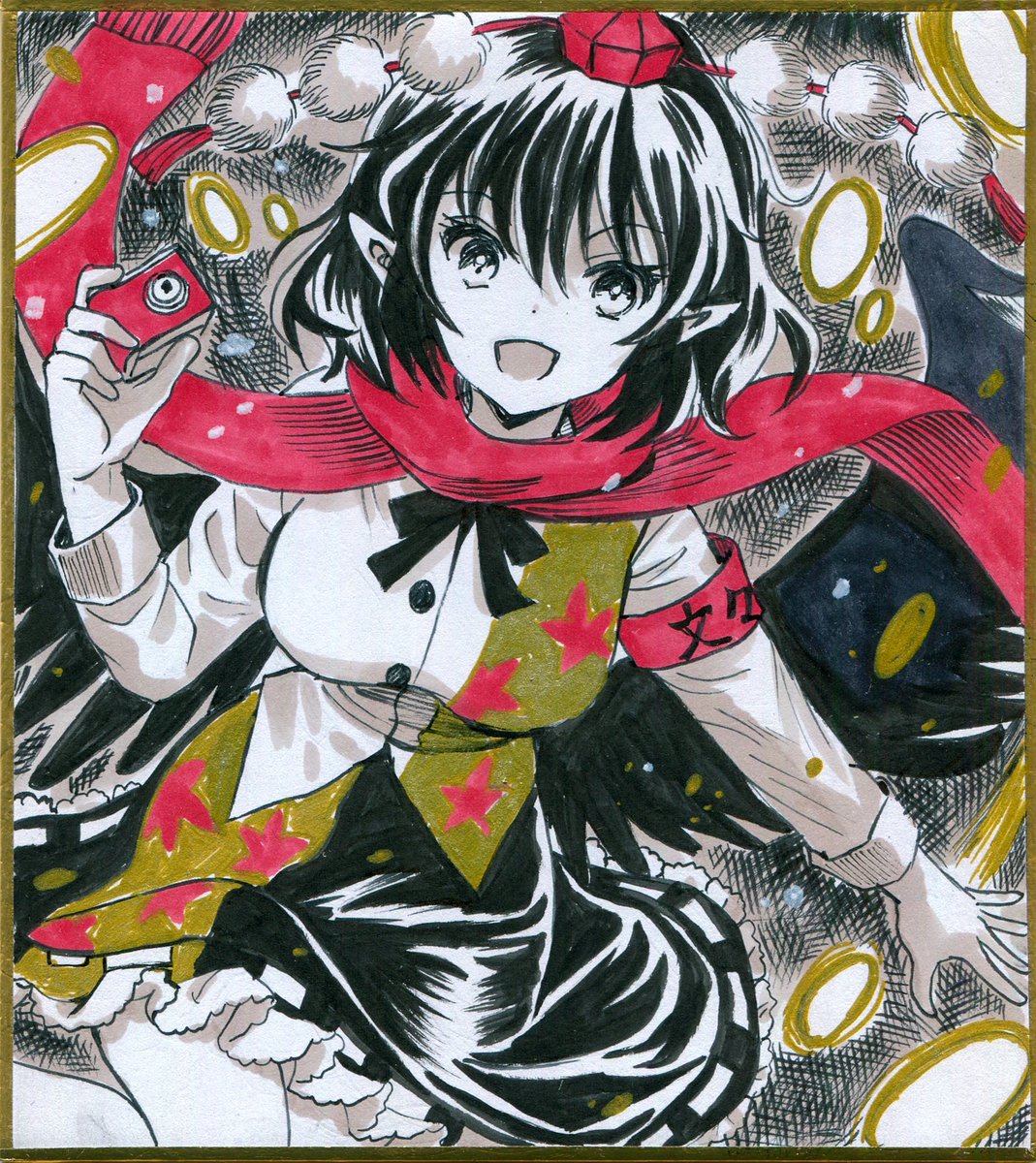 射命丸文 「【アナログ絵】文ちゃん2枚描きました～ 天狗装束と弾幕ごっこあややです 京都合同」|はじけ☆鈴奈幻想/鈴01▶️例大祭き13aのイラスト