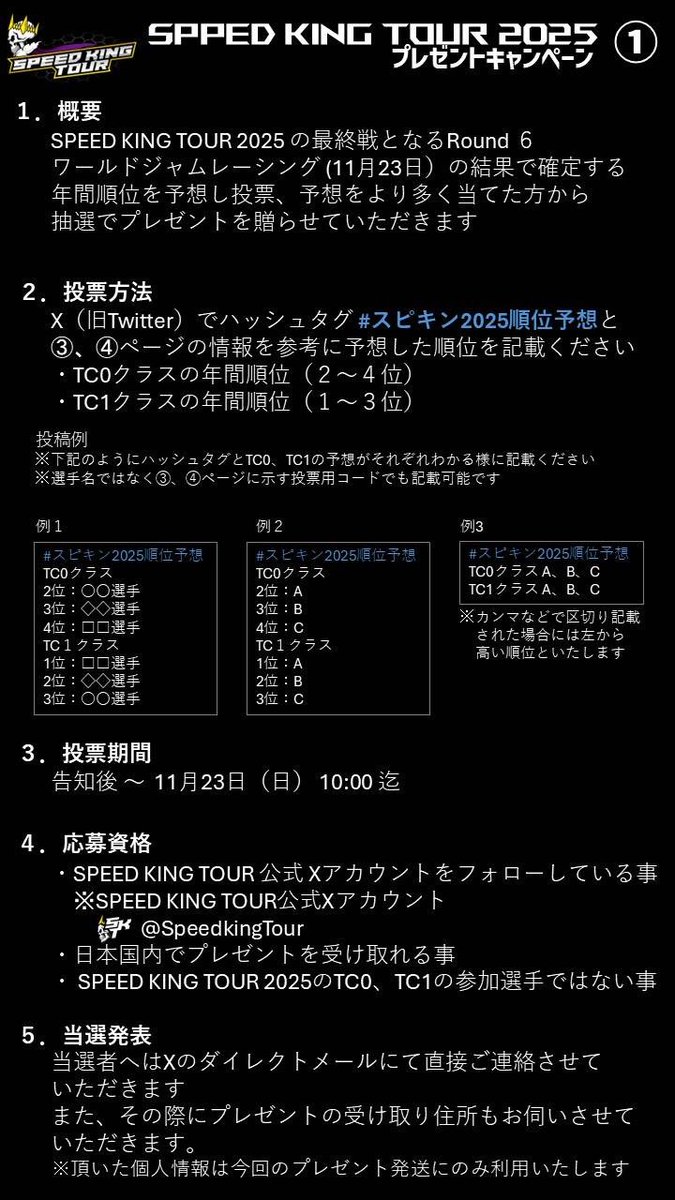 SpeedkingTour's tweet image. スピキンTC0年間2〜4位、TC1年間1〜3位を予想して
ハッシュタグ #スピキン2025順位予想 を付けてX投稿でプレゼントGET！

11/23(日) 群馬・ワールドジャムレーシングでの最終戦Round6にて締切。
詳細は画像①〜④をご確認ください。
ご応募お待ちしています！