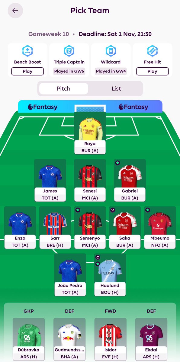 FPLAceHunter's tweet image. Redstar FC #GW10 #FPL

Formation: 3-5-2
Captain: Haaland 🇳🇴🤖
Vice Captain: Saka
Bench: Dubravka-Gudmundsson-Isidor-Ekdal

1FT:
Kudus ➡️ Sarr