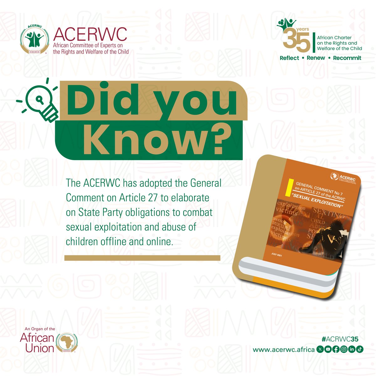 acerwc's tweet image. #DidYouKnow🤔 that in 2021 the ACERWC has adopted the General Comment on Article 27 to elaborate on State Party obligations to combat #SexualExploitation and abuse of children offline and online.

Download the GC on🌐🌐🔗🔗acerwc.africa/sites/default/…

#ACRWC35 
#AfricaFit4Children