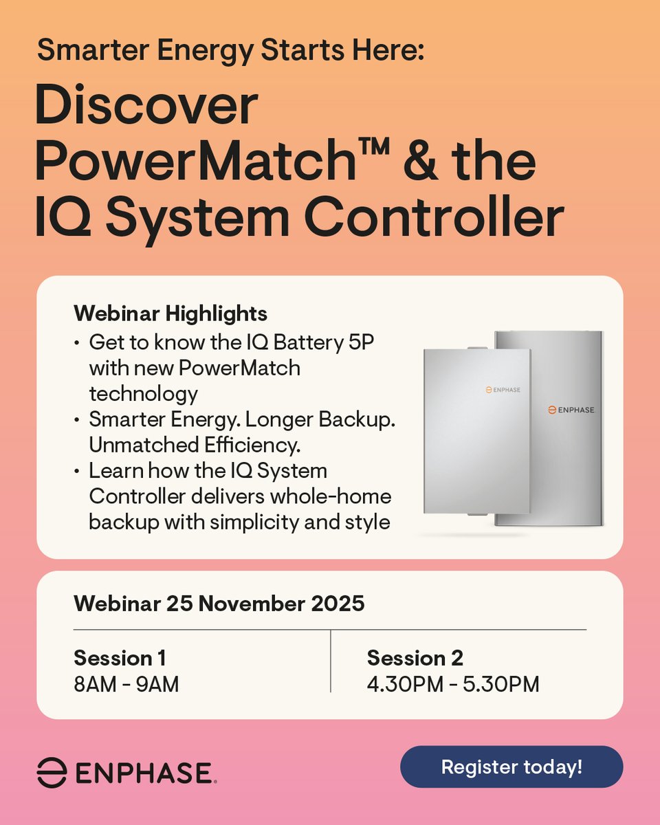 🇬🇧 Discover the <a href="/Enphase/">Enphase Energy</a> IQ Battery 5P: now boosted with PowerMatch™ and the IQ System Controller for seriously next-level home energy. ⚡️Join the webinar on 24 November: 

8.00 AM bit.ly/49vU5NI
5.30 PM bit.ly/3XDDobJ

#Enphase #Battery #Webinar #OpenSolar