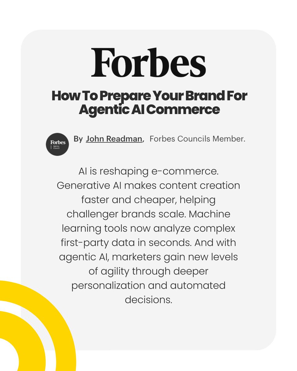 Growing a brand today means looking ahead to Agentic AI commerce, where AI not only recommends, but acts, autonomously, on behalf of customers. 

Our CEO John, shared his thoughts on Forbes: hubs.la/Q03Tvhjt0