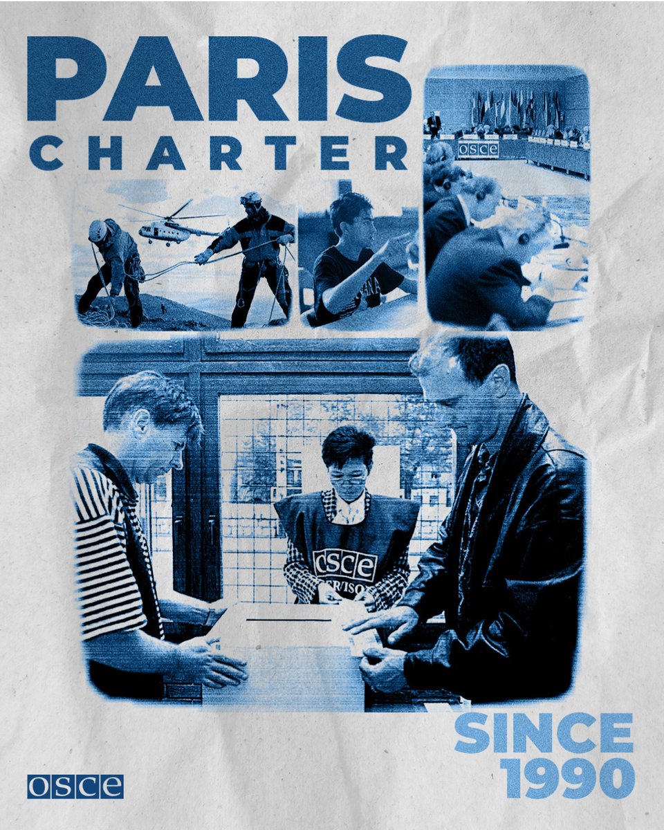 OSCE's tweet image. 35 years ago, leaders signed the Charter of Paris for a New Europe: a commitment to concrete cooperation for strengthening democracy, human rights, and security.

Today, its principles and actions remain as vital as ever.

Learn more 👉 bit.ly/43EEGqv