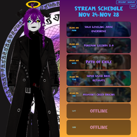 Daima0_VT's tweet photo. New Schedule for next week
If you need a break from family on turkey day cause we all know how the fam can be around the holidays, and you need to blow off steam or whatever Open Smash Bros arena! Have a nice Weekend.
#ENVtuber #Vtuber #Vtuberstreamschedule https://t.co/qh3ngBUoya