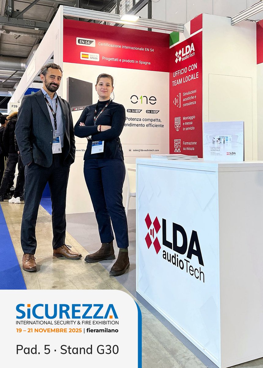 LDAAudioTech's tweet image. 🔔 Ultimo giorno!

Oggi chiudiamo @SICUREZZA2023, soddisfatti per tutte le conversazioni stimolanti con partner, clienti e amici. 

Ci sono ancora poche ore per incontrarci allo stand G30, padiglione 5. Ti aspettiamo!

#LDA #LDAAudioTech #Sicurezza2025 #PAVAsystems #EN54