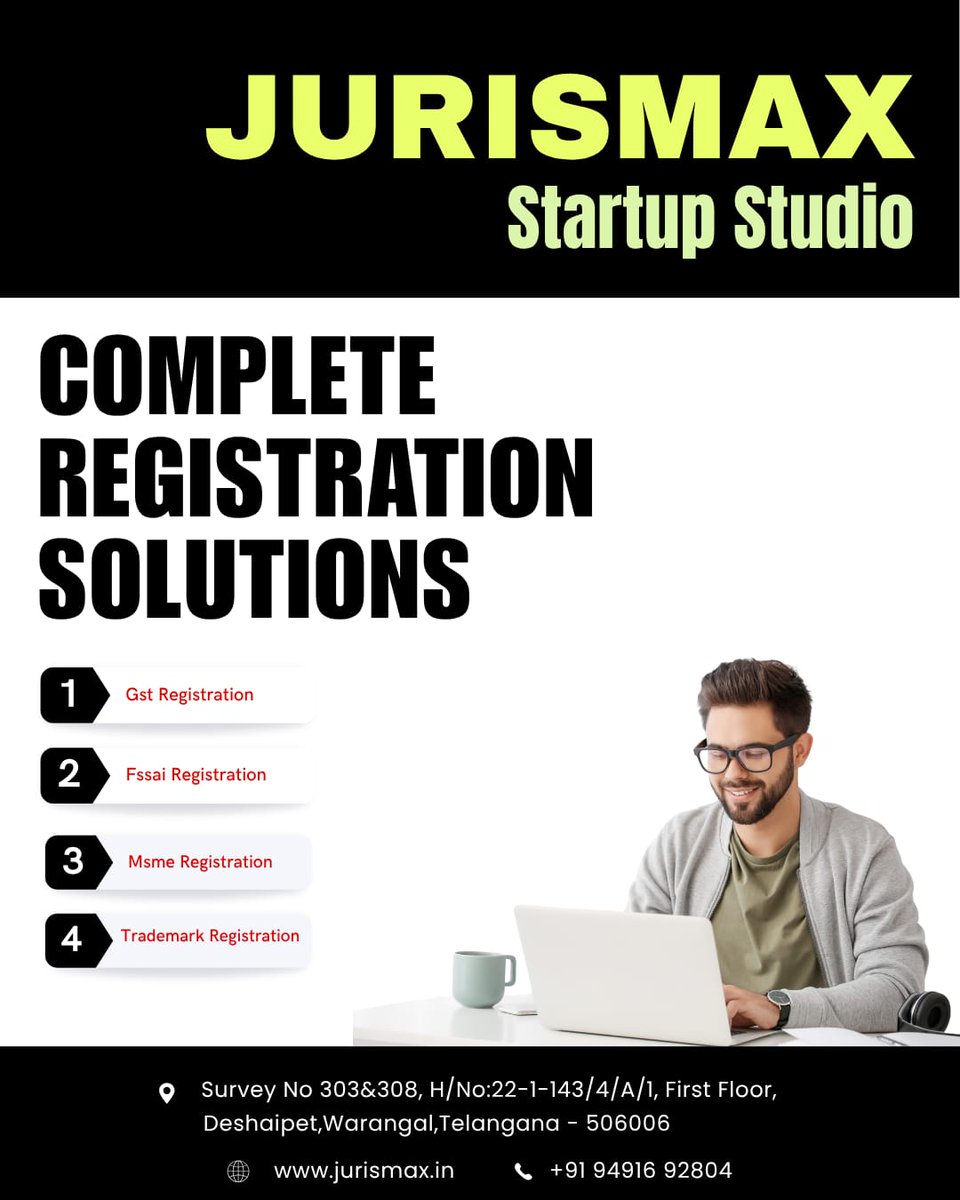 JurisMaxx's tweet photo. Grow your business with JURISMAX Startup Studio!
We offer complete registration solutions including GST, FSSAI, MSME, and Trademark registrations, making the process fast, reliable, and hassle-free.
#Jurismax #BusinessRegistration #GST #FSSAI #MSME #Trademark #BusinessGrowth https://t.co/SJf9BTbw3r
