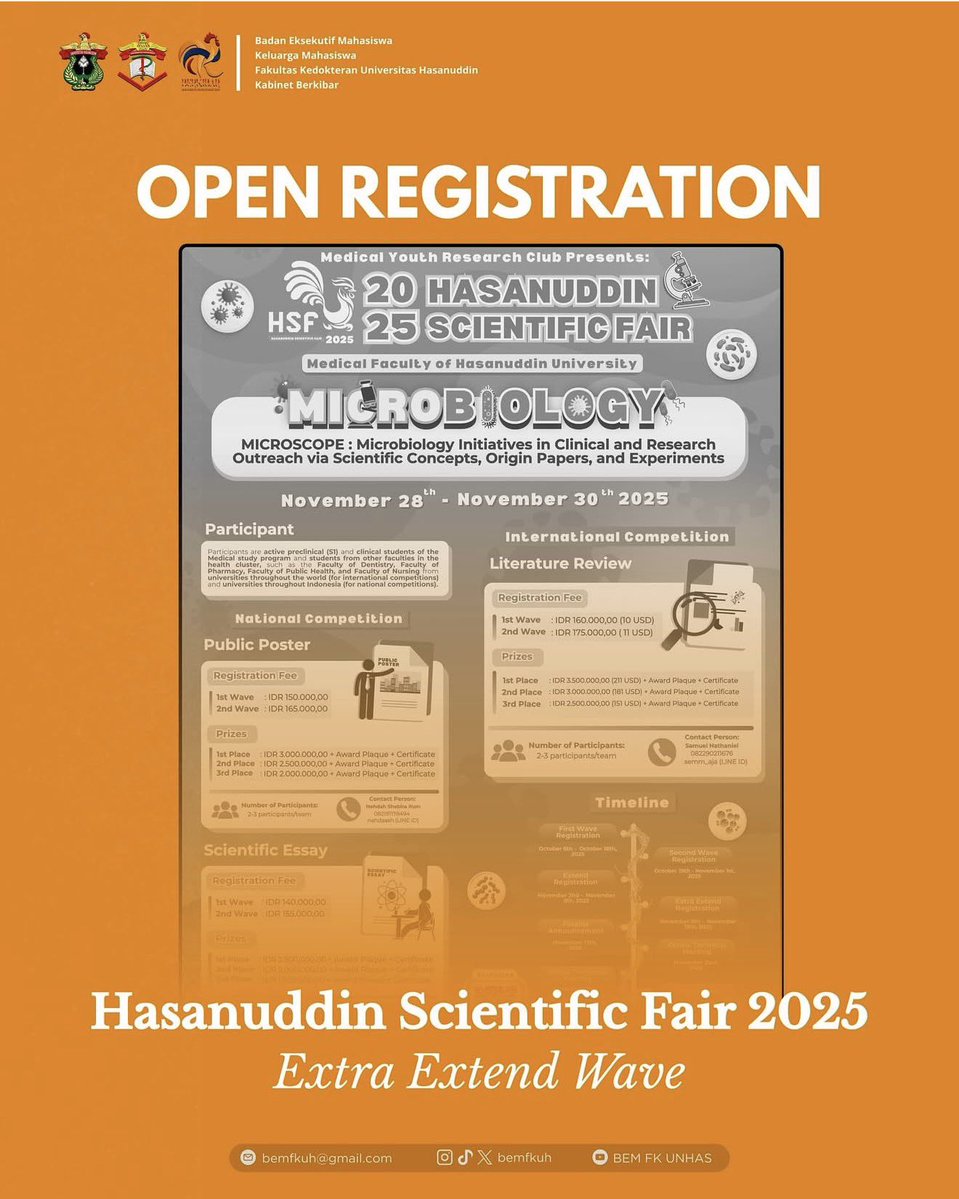 BEMFKUH's tweet image. [OPEN REGISTRATION HSF 2025: EXTRA EXTENDED PERIOD]

We’ve got exciting news for you — the registration period has been extra extended!
Now’s your last chance to shine and present your best scientific work at Hasanuddin Scientific Fair 2025!

#HSF2025
#ResearchIsFun
#MYRCFKUNHAS