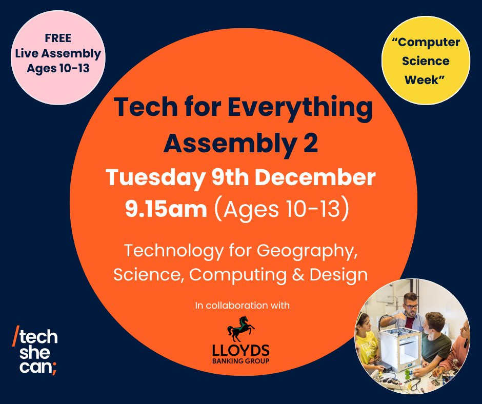 Tech_She_Can's tweet image. 🌍🔬 Teachers - ready for Assembly 2?
Bring Computer Science Education Week to life with our next Tech for Everything live assembly!

In this 25-minute virtual session, we’ll explore how technology helps us:
🧩 Solve real-world problems
🎨 Turn design ideas into reality
🔭 Make…