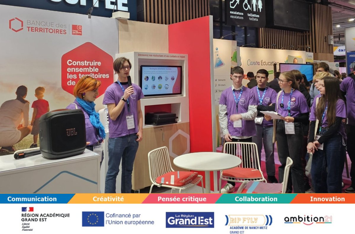Ambition21_FSE's tweet photo. Témoignages des élèves Ambassadeurs du numérique sur le stand de la @BanqueDesTerr à #EducatechExpo ⤵️
Zoom sur
✔️Les missions menées auprès de leurs pairs et des équipes éducatives
✔️Les compétences développées par la communauté des élèves #ADN.
#FSE+
#Ambition21
#RégionGrandEst https://t.co/dtGP9XWT9Y