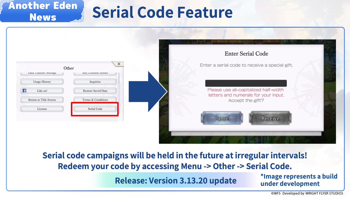AnotherEdenRPG's tweet image. [Serial code available]
The serial code feature is available in the latest Version 3.13.20 update!

▼Code▼
ANOTHEREDENGIFT

*Available until November 30, 2025 14:59 (UTC)

#AnotherEden