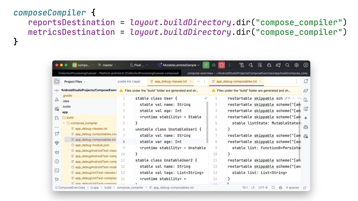 marcinmoskala's tweet image. If you are not sure about stability of your classes and parameters, you can use Compose compiler report 📈 It generates a report showing how each class and parameter is treated, and essential statistics related to stability 🔍
