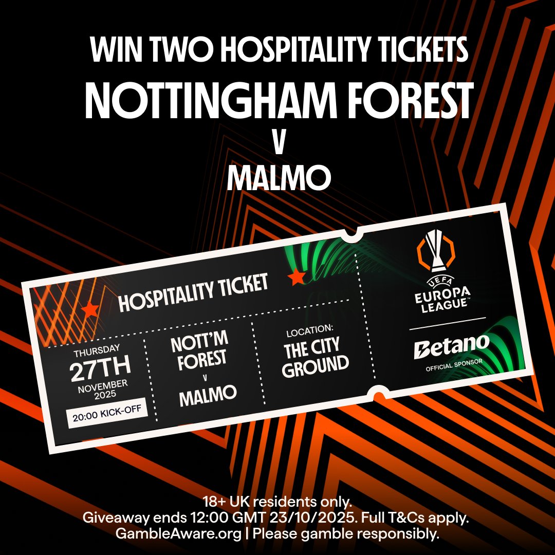 Betano_UK's tweet photo. WIN A PAIR OF HOSPITALITY TICKETS FOR NOTTINGHAM FOREST V MALMO 🎟️

We're proud sponsors of the @EuropaLeague. 🏆🟠

And we're giving away hospitality tickets to the City Ground. 🌳

To Enter:
✅ Follow @Betano_UK
♻️ RT this post

#NFFC