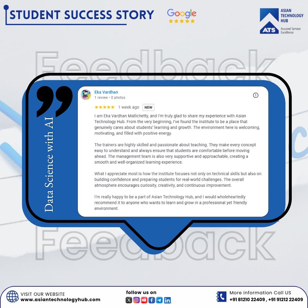ATS_TechHub's tweet image. 💙✨ Proud to share another amazing Student Success Story!
Thank you, Eka Vardhan, for trusting Asian Technology Hub.

📢 New Batches: tally.so/r/mREvJQ

📞 81210 22409 | 91212 22409
📍 Madhapur, Hyderabad

#ATH #SuccessStory #TechTraining #SoftwareCareer