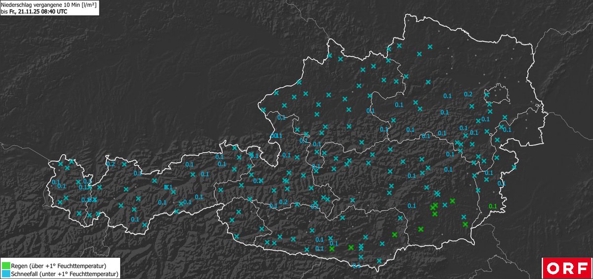 Aktuell schneit es im Großteil Österreichs, hier alle blauen Messungen. Erstmals heuer ist z.B. ganz Tirol weiß.