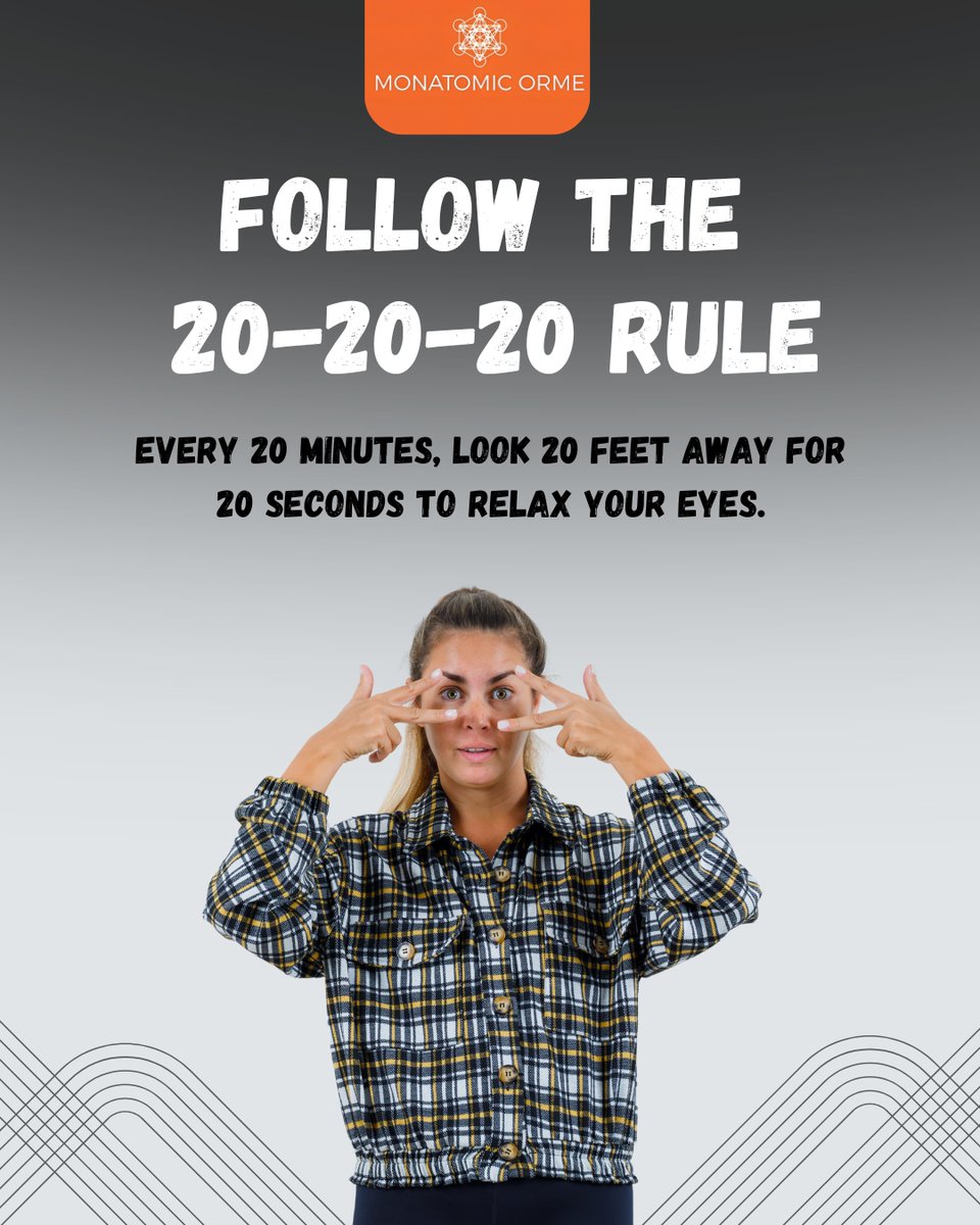 A small habit that makes a big difference:
Take a 20-second break every 20 minutes and look 20 feet away to ease digital eye strain.

#WorkWellness #OfficeHealth #HealthyHabits #SelfCareRoutine #MonatomicGold #MonatomicOrme