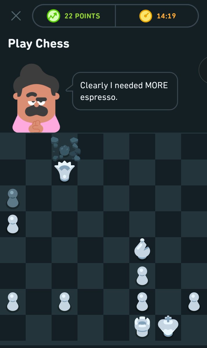 Techdev0x's tweet photo. Not to brag, but i haven't lost a chess game on Duolingo since October.

A thrilling journey of learning, I hope I hold the unbeaten streak until the end of November.

Guess the move made to end today's match. https://t.co/V5RKhc4fOJ