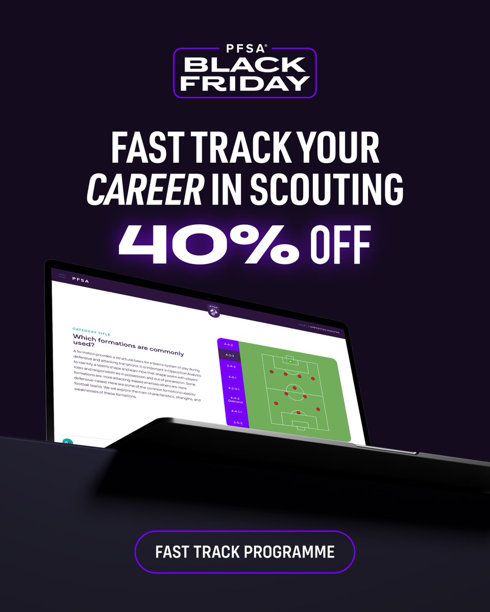 ThePFSA's tweet image. Fast-track your career in scouting and analysis with two tailored PFSA programmes. Make the most of Black Friday with 40% OFF!

#BlackFriday #PFSA #CPD #FootballScouts #Analysis